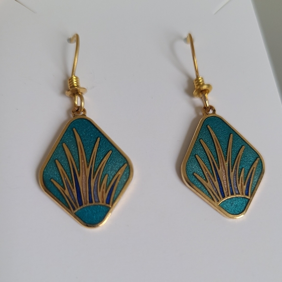 Vintage Art Deco Roccoco Gold Tone Turquoise Enamel Reed Boho Drop Earrings - Picture 11 of 13